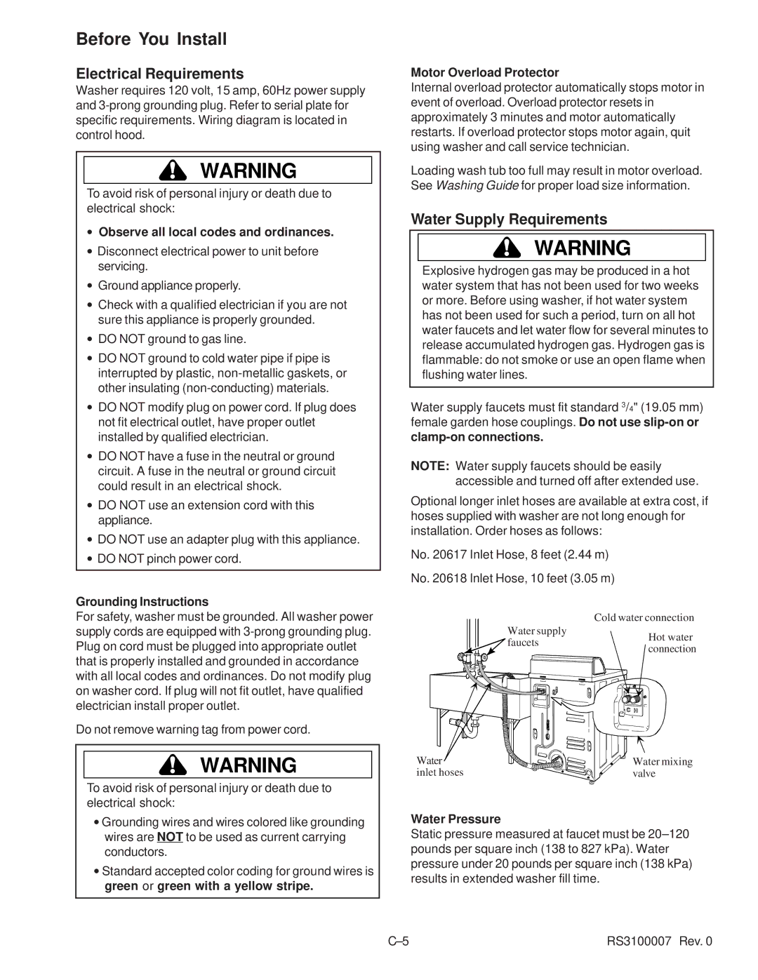 Amana RS3100007 service manual Before You Install, Electrical Requirements, Water Supply Requirements 