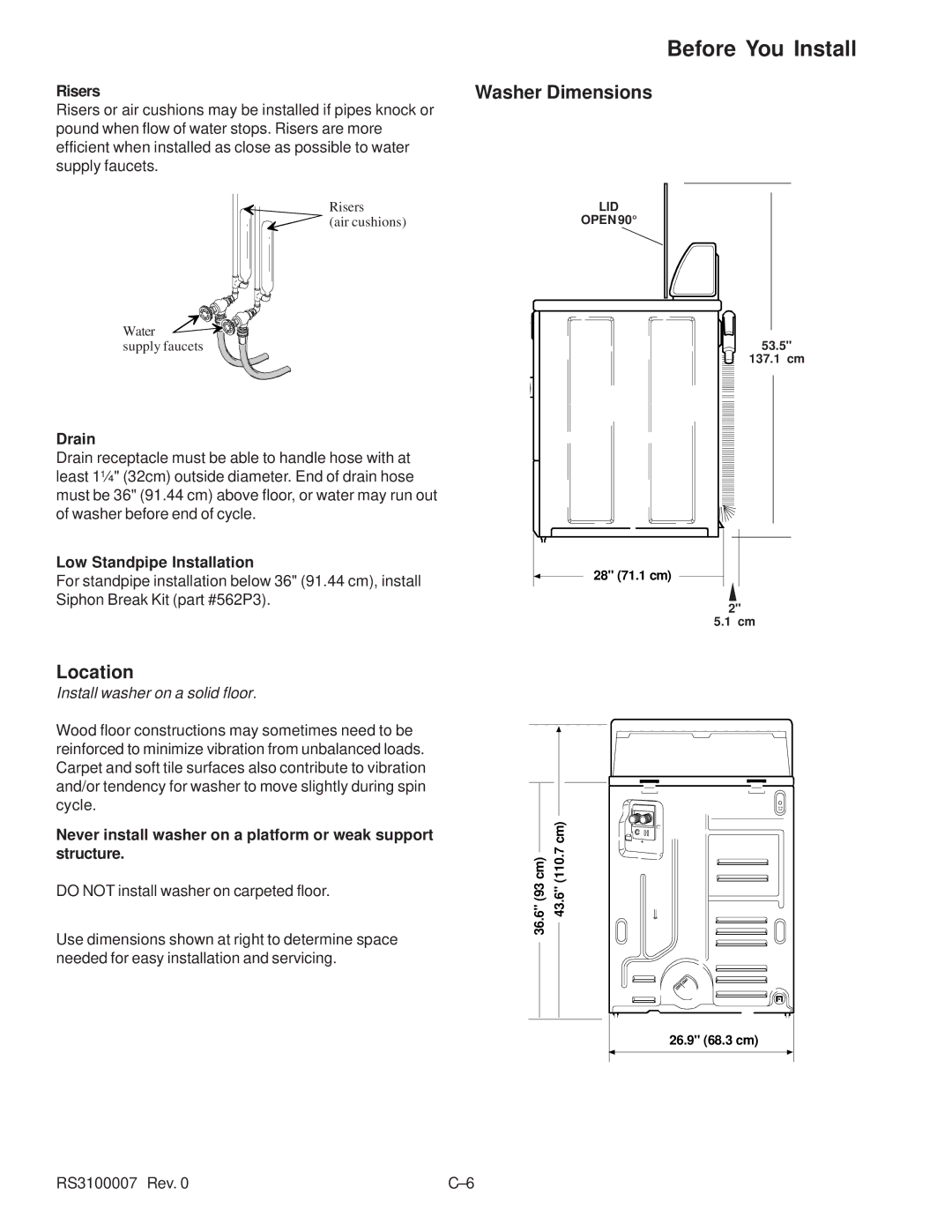 Amana RS3100007 service manual Washer Dimensions, Location, Risers, Drain, Low Standpipe Installation 