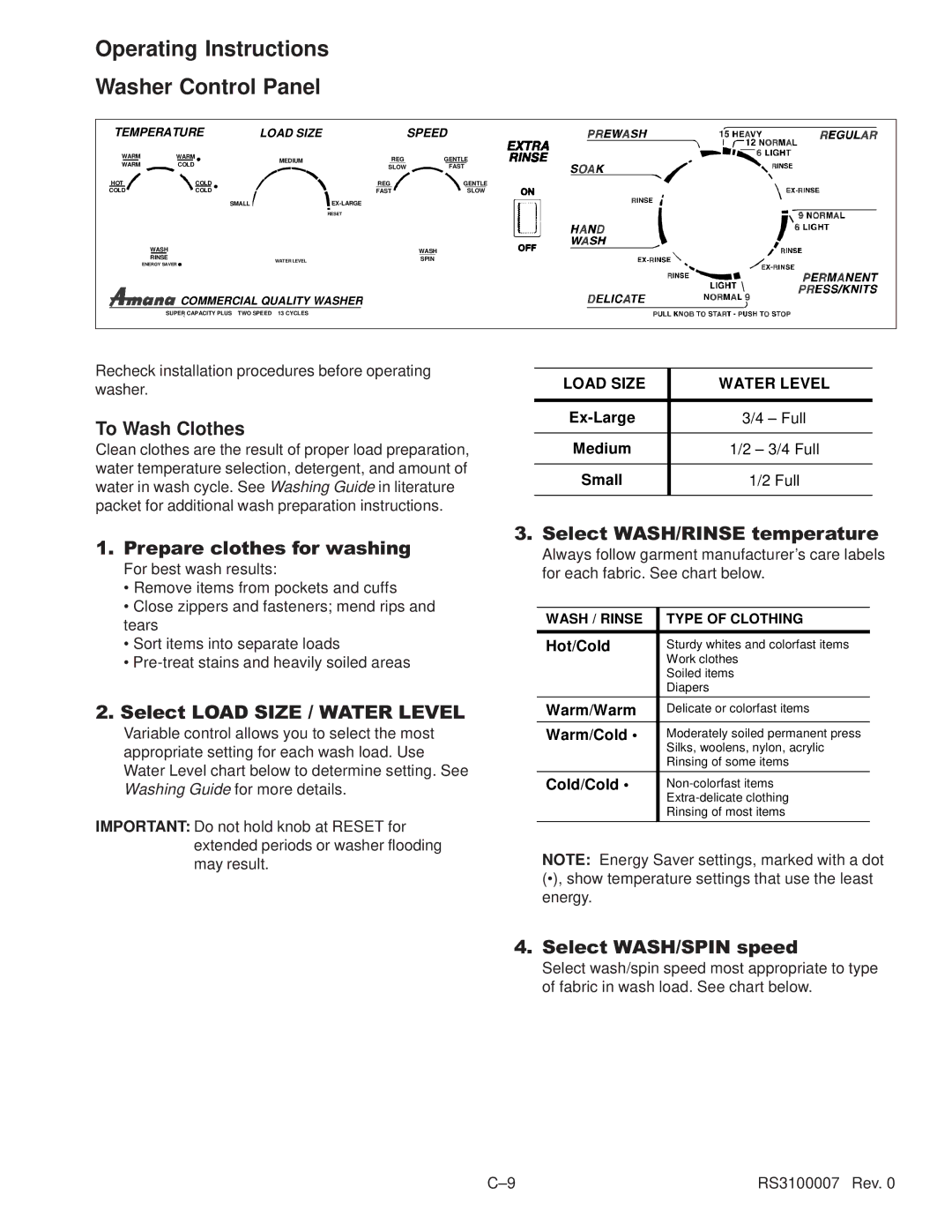 Amana RS3100007 Operating Instructions Washer Control Panel, To Wash Clothes, Ex-Large Full, Warm/Cold, Cold/Cold 