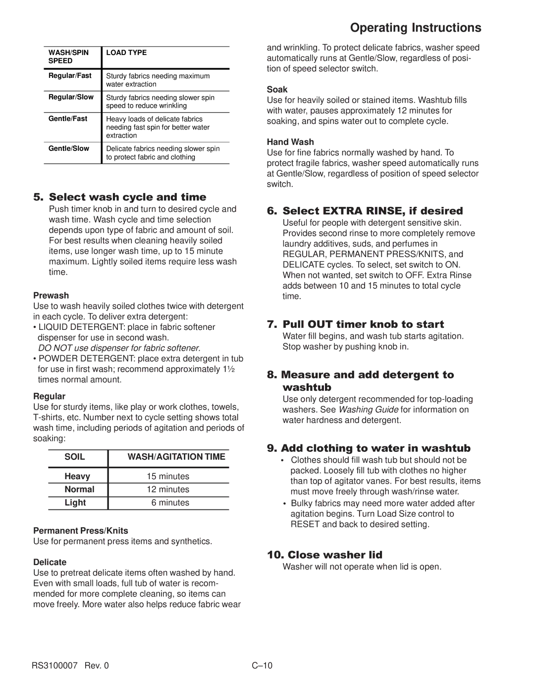 Amana RS3100007 service manual Operating Instructions 