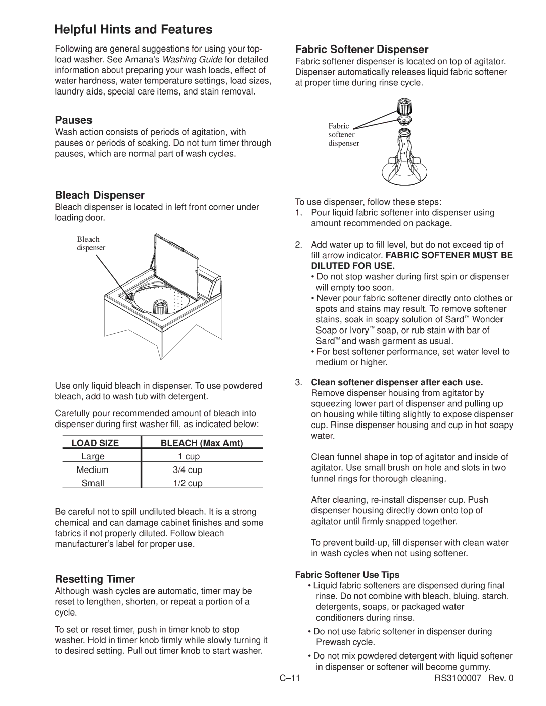Amana RS3100007 Helpful Hints and Features, Pauses, Bleach Dispenser, Fabric Softener Dispenser, Resetting Timer 