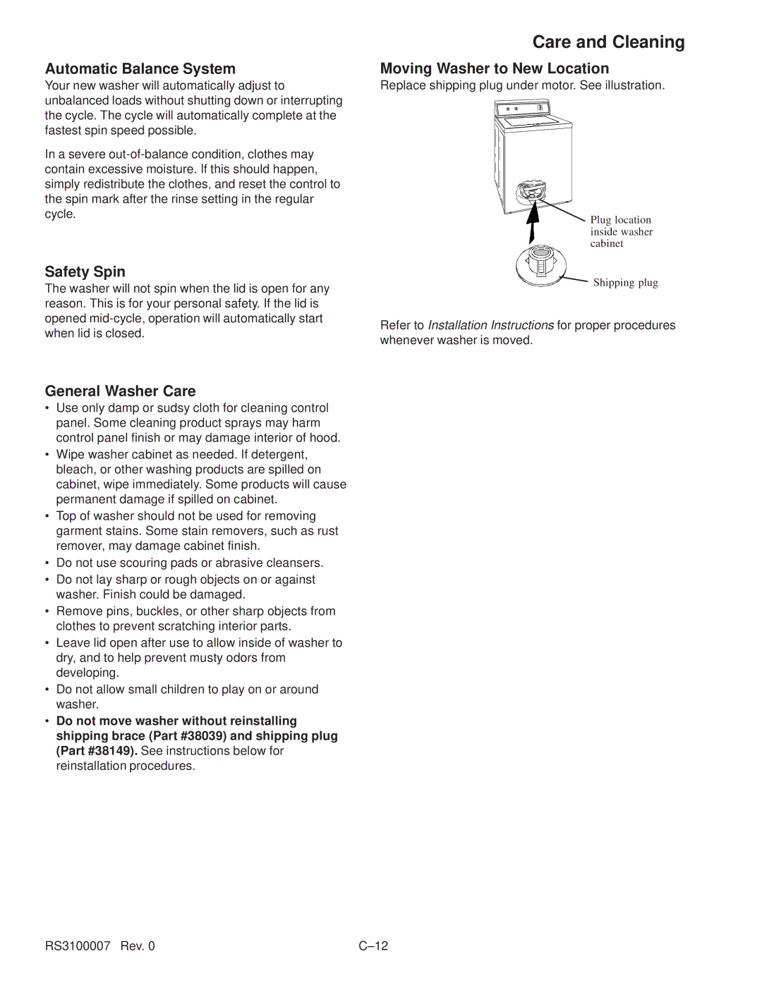 Amana RS3100007 service manual Care and Cleaning, Automatic Balance System, Safety Spin, General Washer Care 