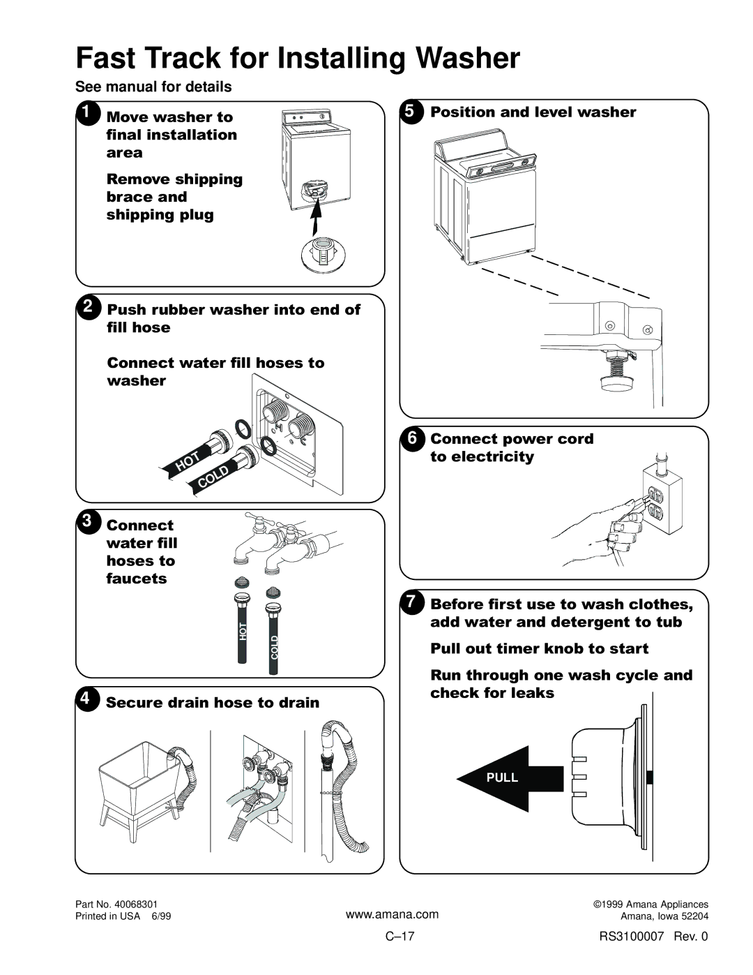 Amana RS3100007 service manual Fast Track for Installing Washer, See manual for details 