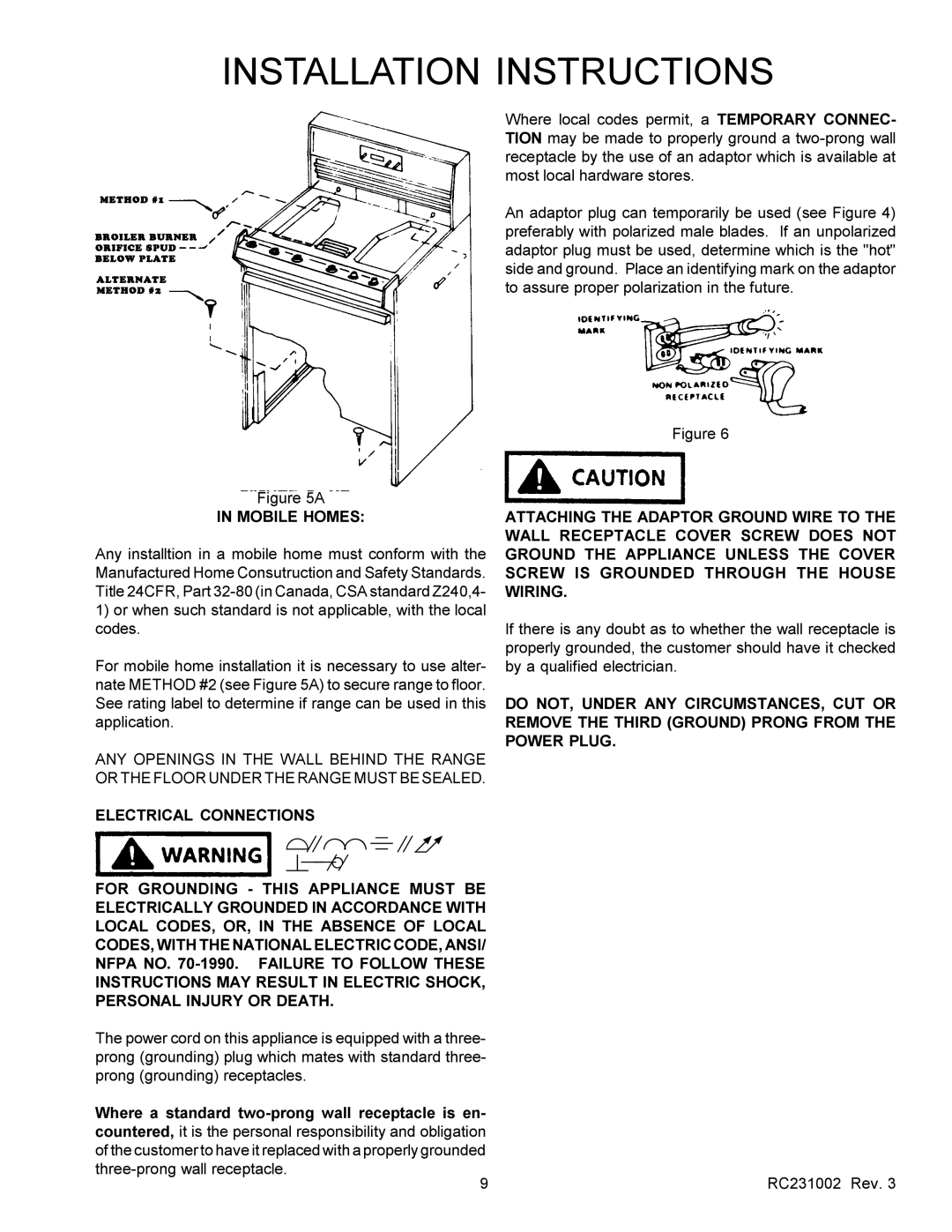 Amana RSS, RST service manual Mobile Homes, Electrical Connections, Where a standard two-prong wall receptacle is en 