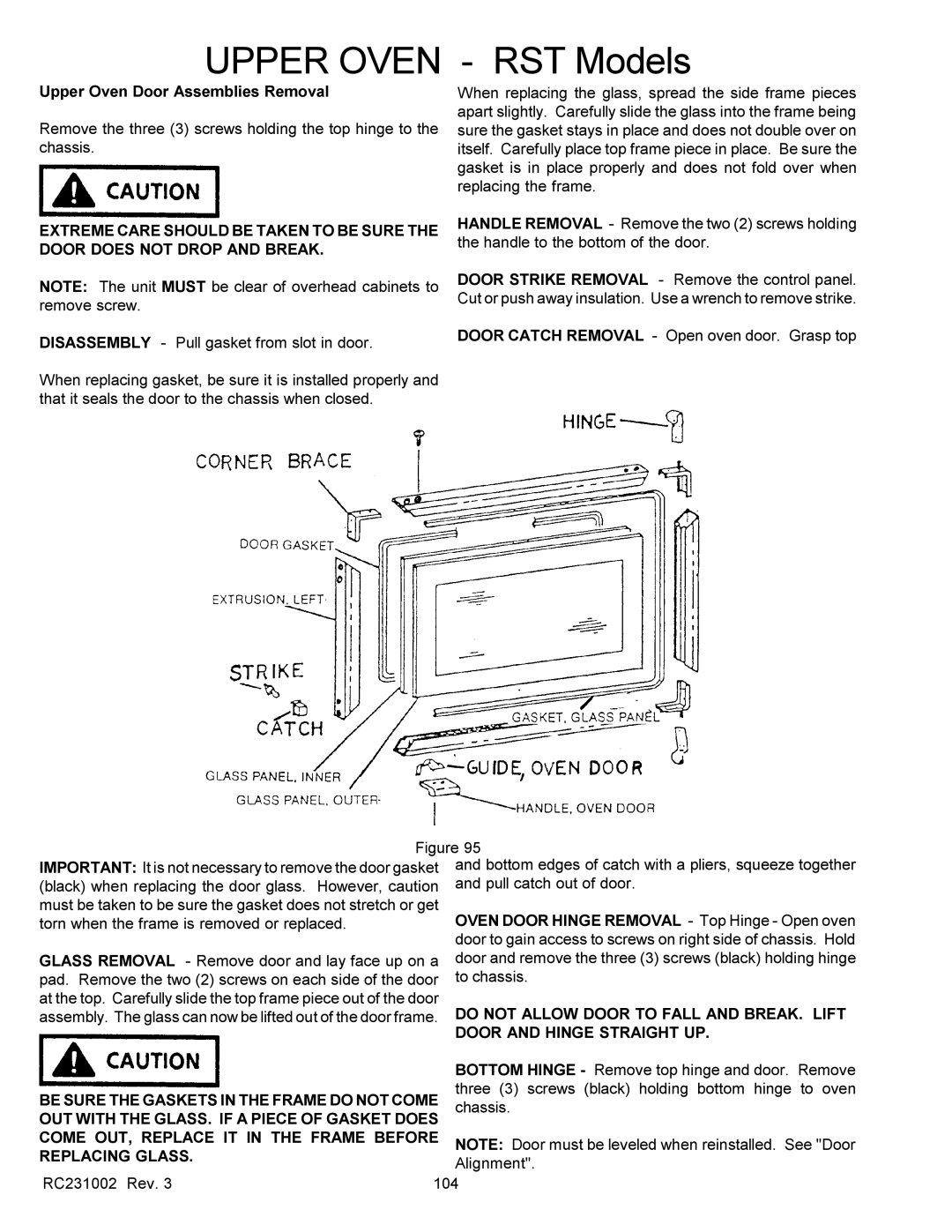 Amana RST, RSS Upper Oven Door Assemblies Removal, Oven Door Hinge Removal Top Hinge Open oven, Door and Hinge Straight UP 