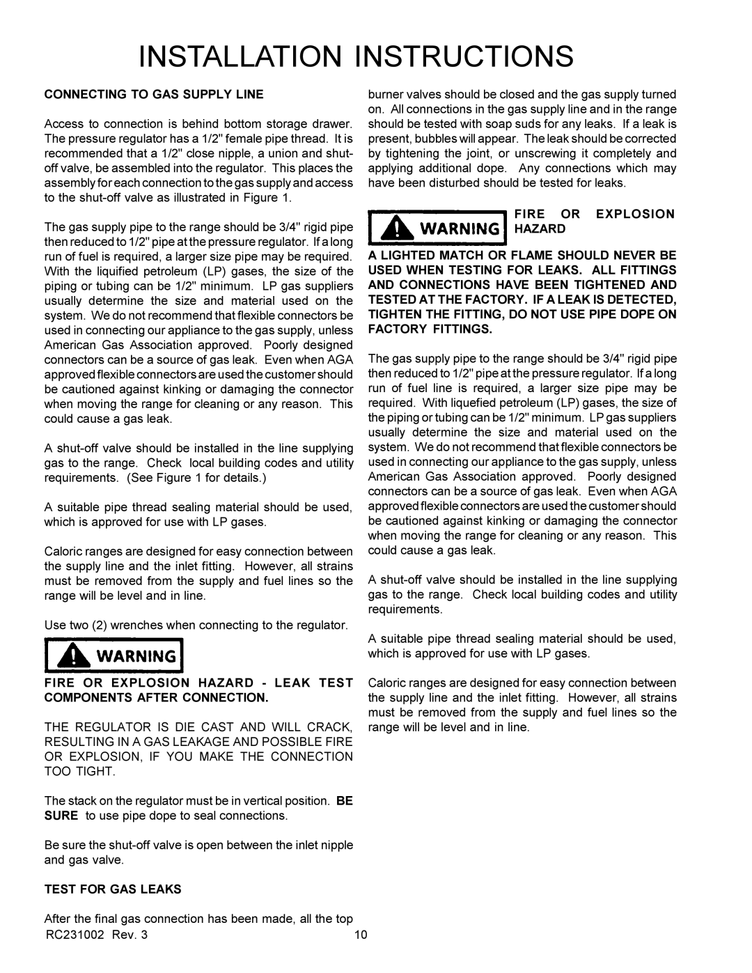 Amana RST, RSS service manual Connecting to GAS Supply Line, Test for GAS Leaks 