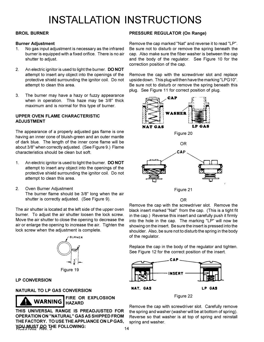 Amana RST, RSS Broil Burner, Burner Adjustment, Upper Oven Flame Characteristic Adjustment, Pressure Regulator On Range 