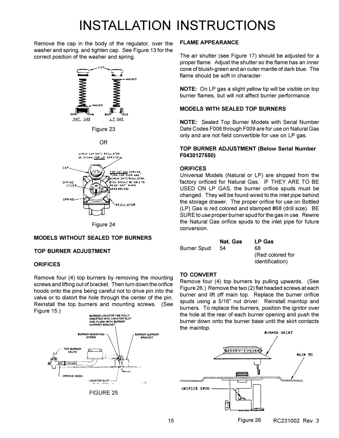 Amana RSS, RST Flame Appearance, Models with Sealed TOP Burners, TOP Burner Adjustment Below Serial Number F0430127550 