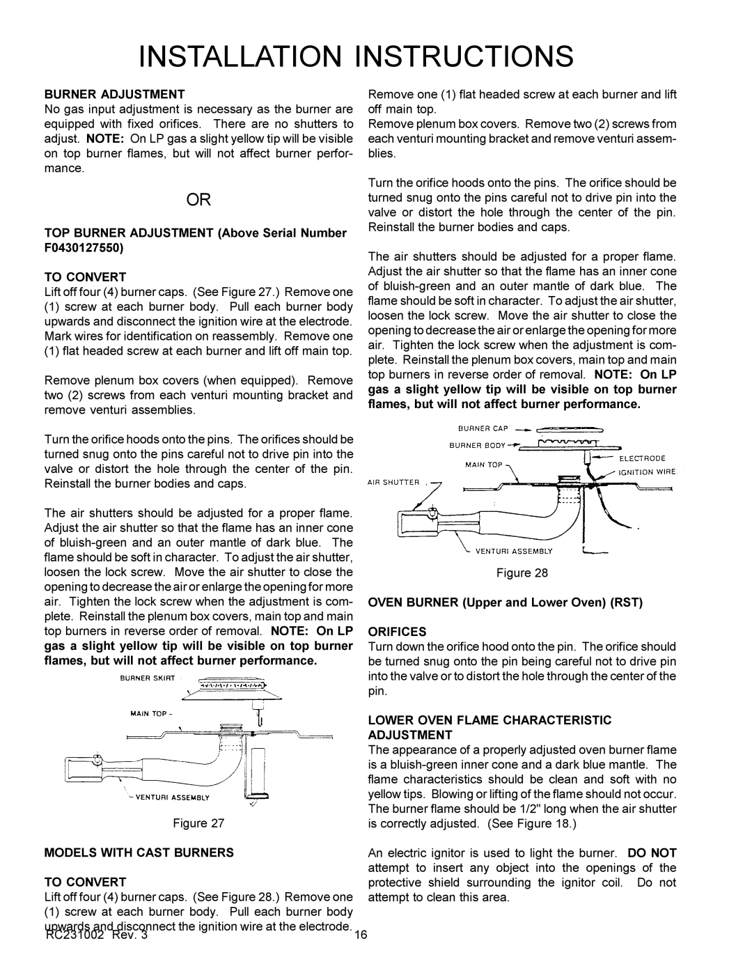 Amana RST, RSS service manual TOP Burner Adjustment Above Serial Number F0430127550, Models with Cast Burners To Convert 