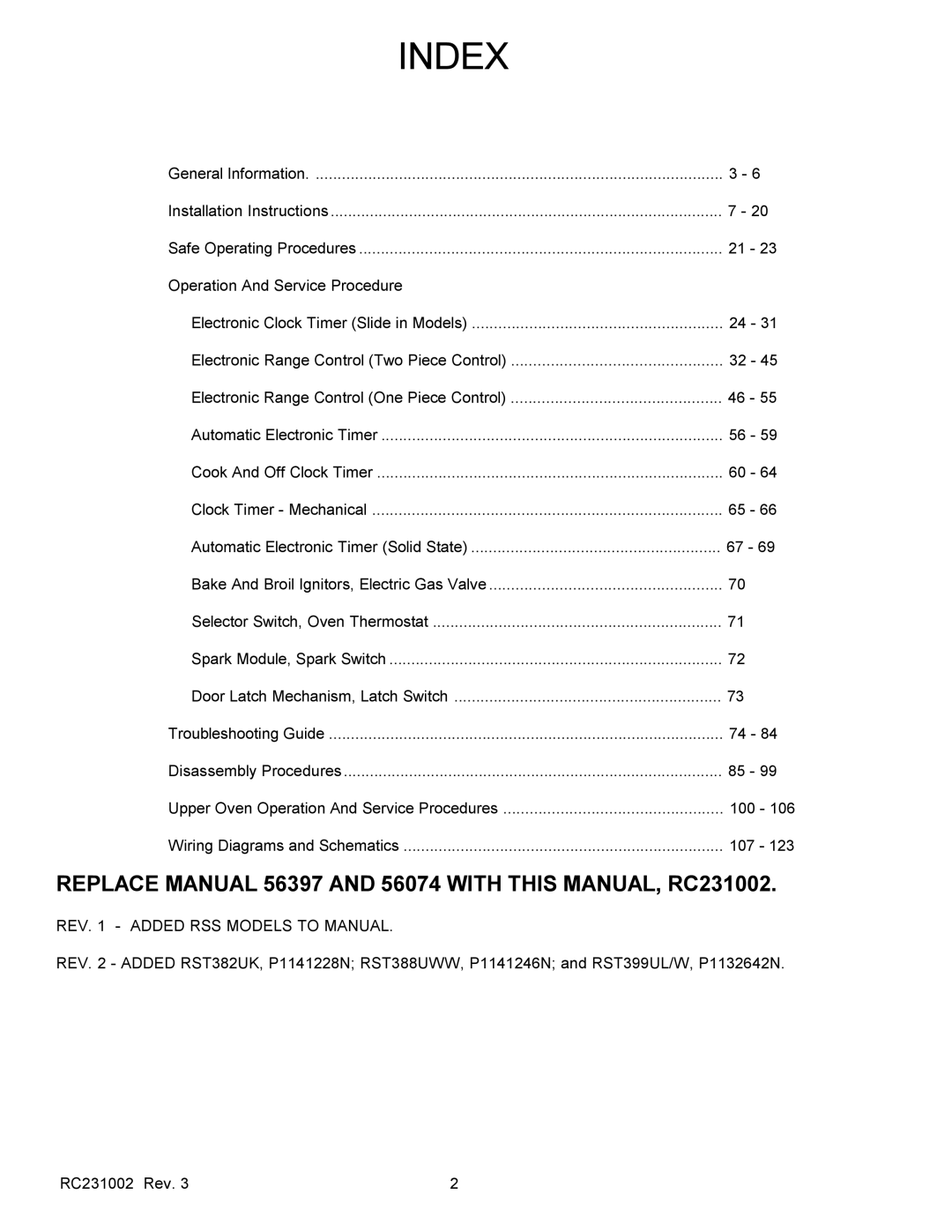 Amana RSS, RST service manual Index 