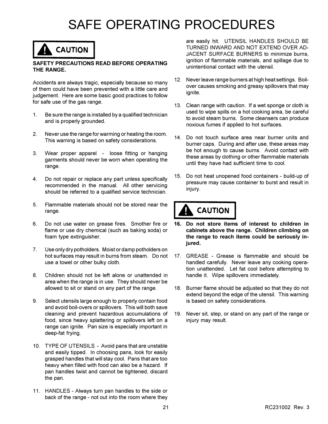 Amana RSS, RST service manual Safe Operating Procedures, Safety Precautions Read Before Operating the Range 