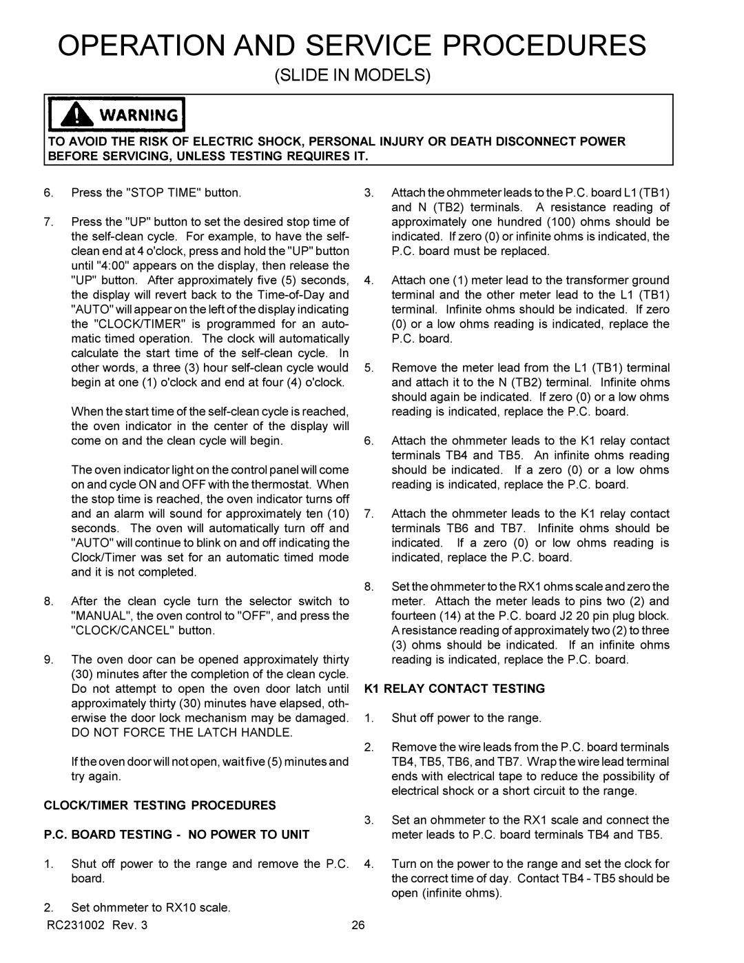 Amana RST, RSS service manual K1 Relay Contact Testing 