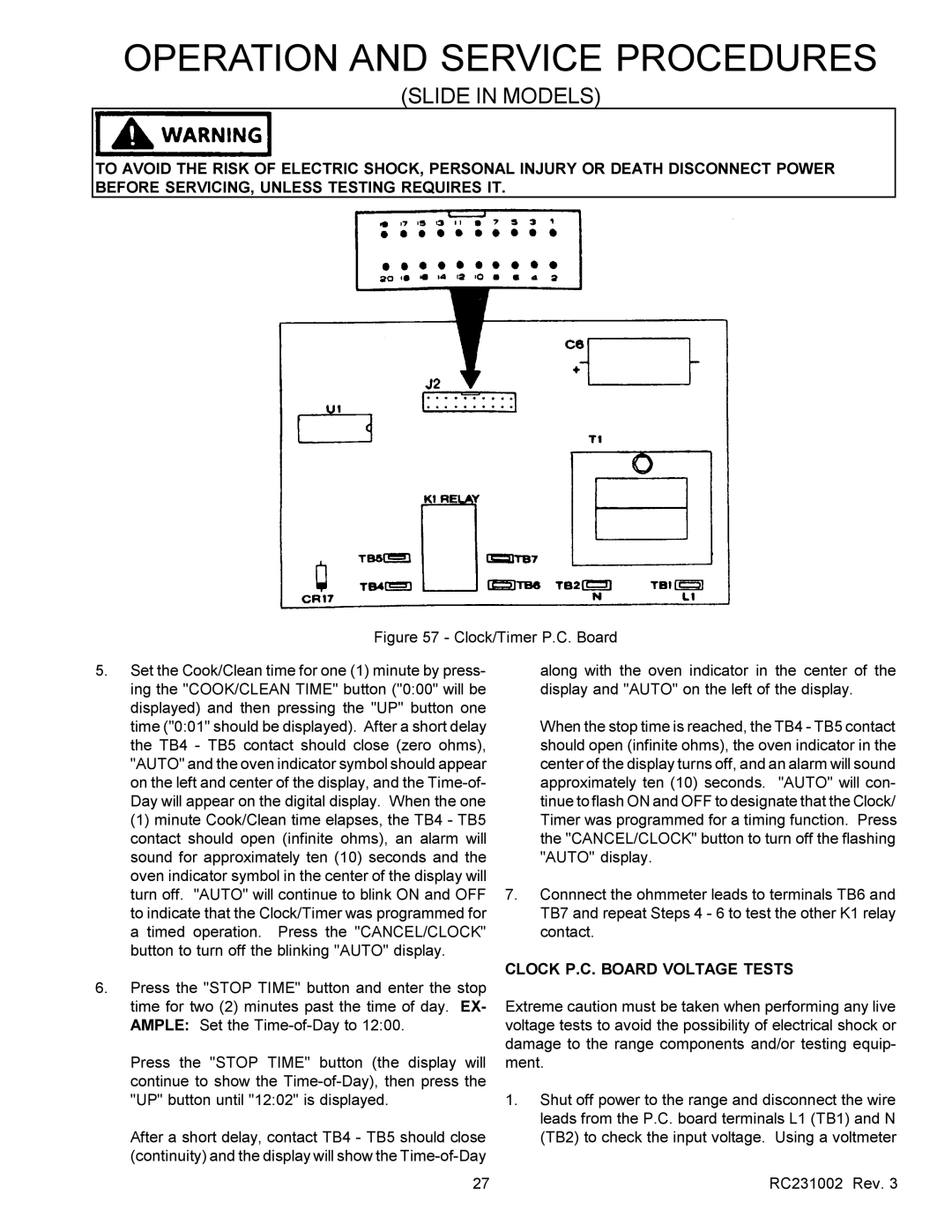 Amana RSS, RST service manual Clock P.C. Board Voltage Tests 