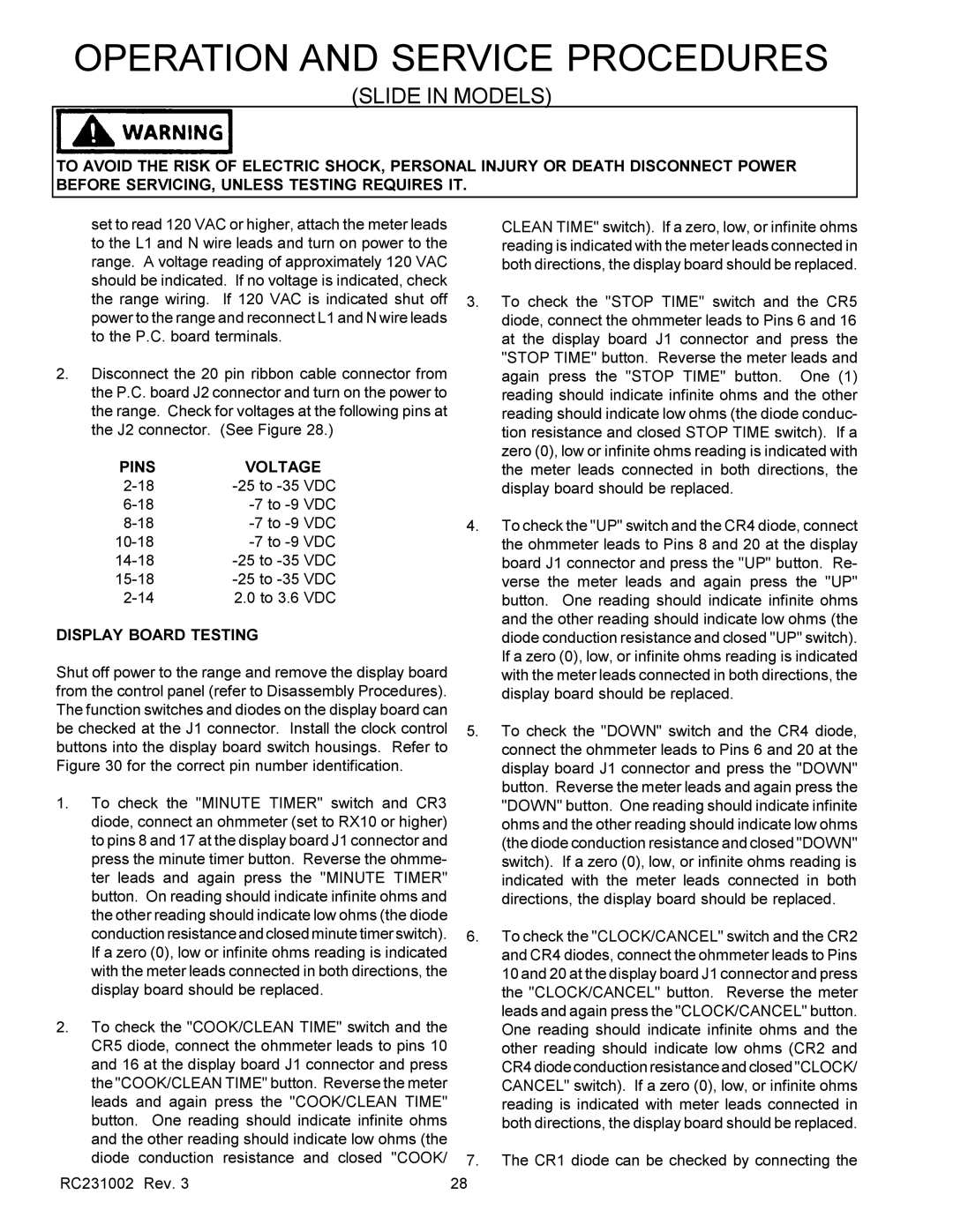 Amana RST, RSS service manual Pins Voltage, Display Board Testing 