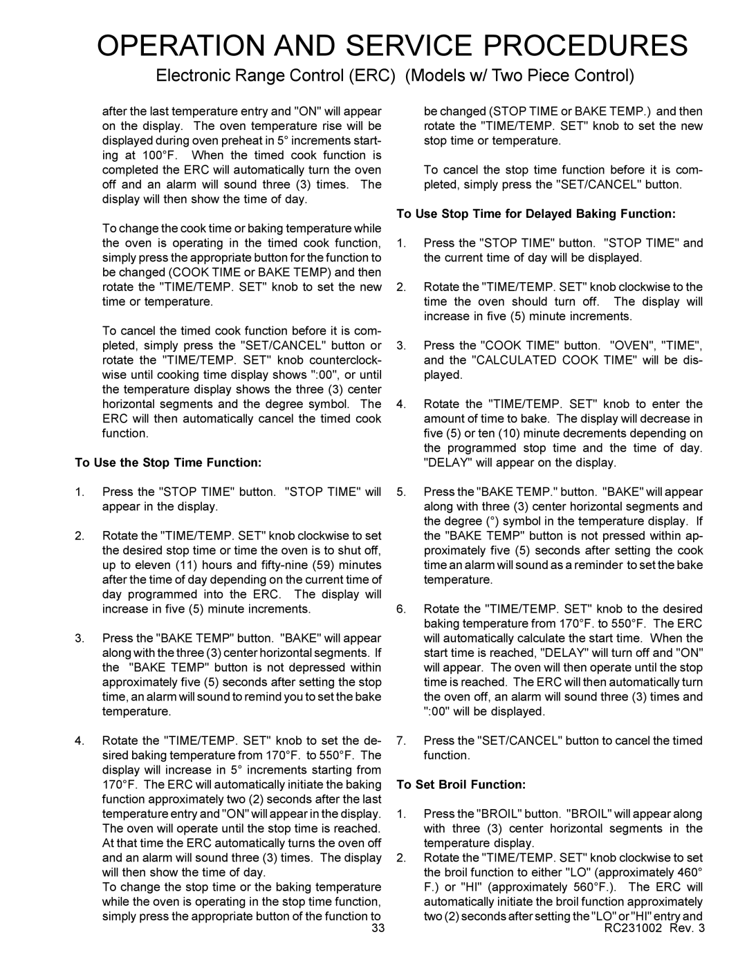 Amana RSS, RST To Use the Stop Time Function, To Use Stop Time for Delayed Baking Function, To Set Broil Function 