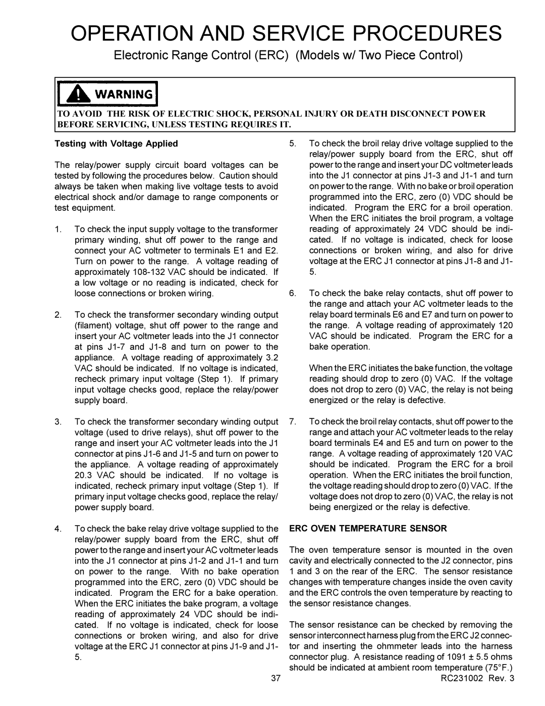 Amana RSS, RST service manual Testing with Voltage Applied, ERC Oven Temperature Sensor 