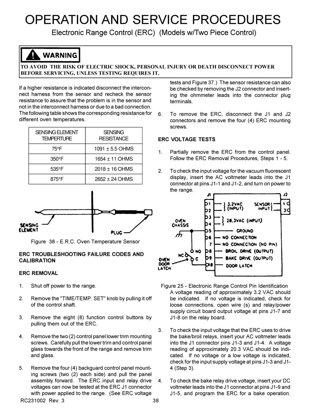 Amana RST, RSS service manual Sensing Element, ERC Voltage Tests 