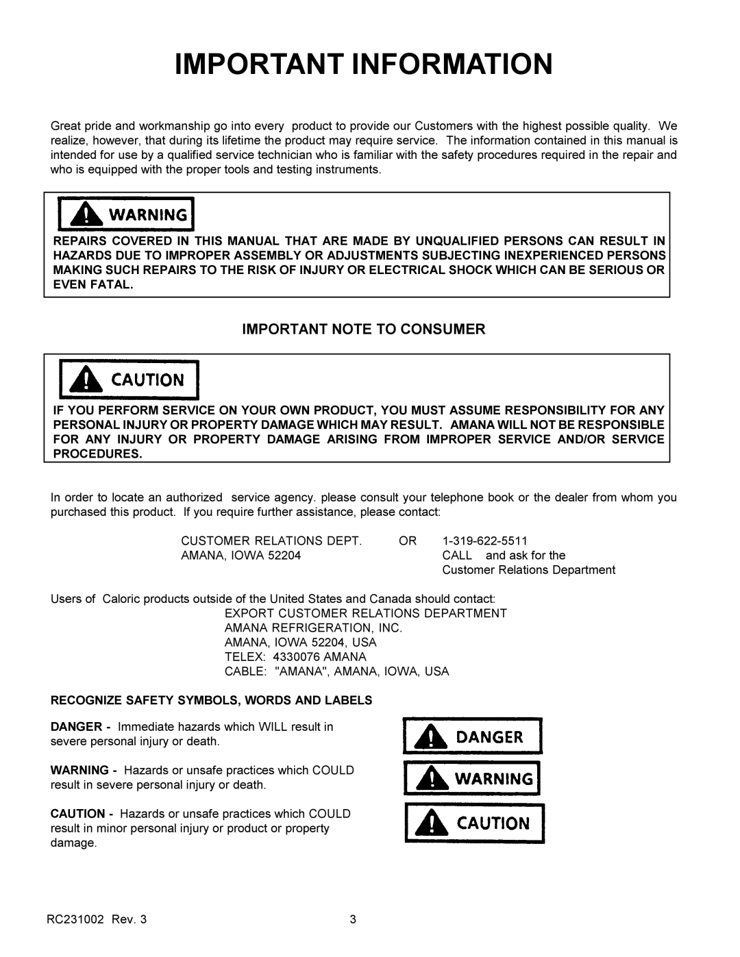 Amana RSS, RST service manual Important Information, Recognize Safety SYMBOLS, Words and Labels 