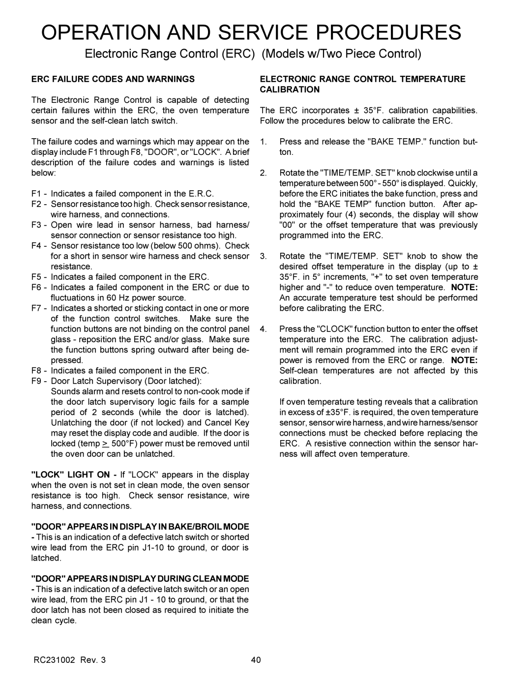 Amana RST, RSS service manual ERC Failure Codes and Warnings, Door Appears in Display in BAKE/BROIL Mode 