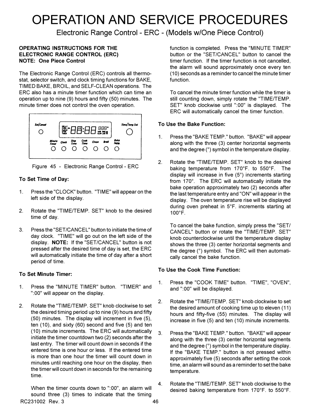 Amana RST Electronic Range Control ERC Models w/One Piece Control, Operating Instructions for Electronic Range Control ERC 