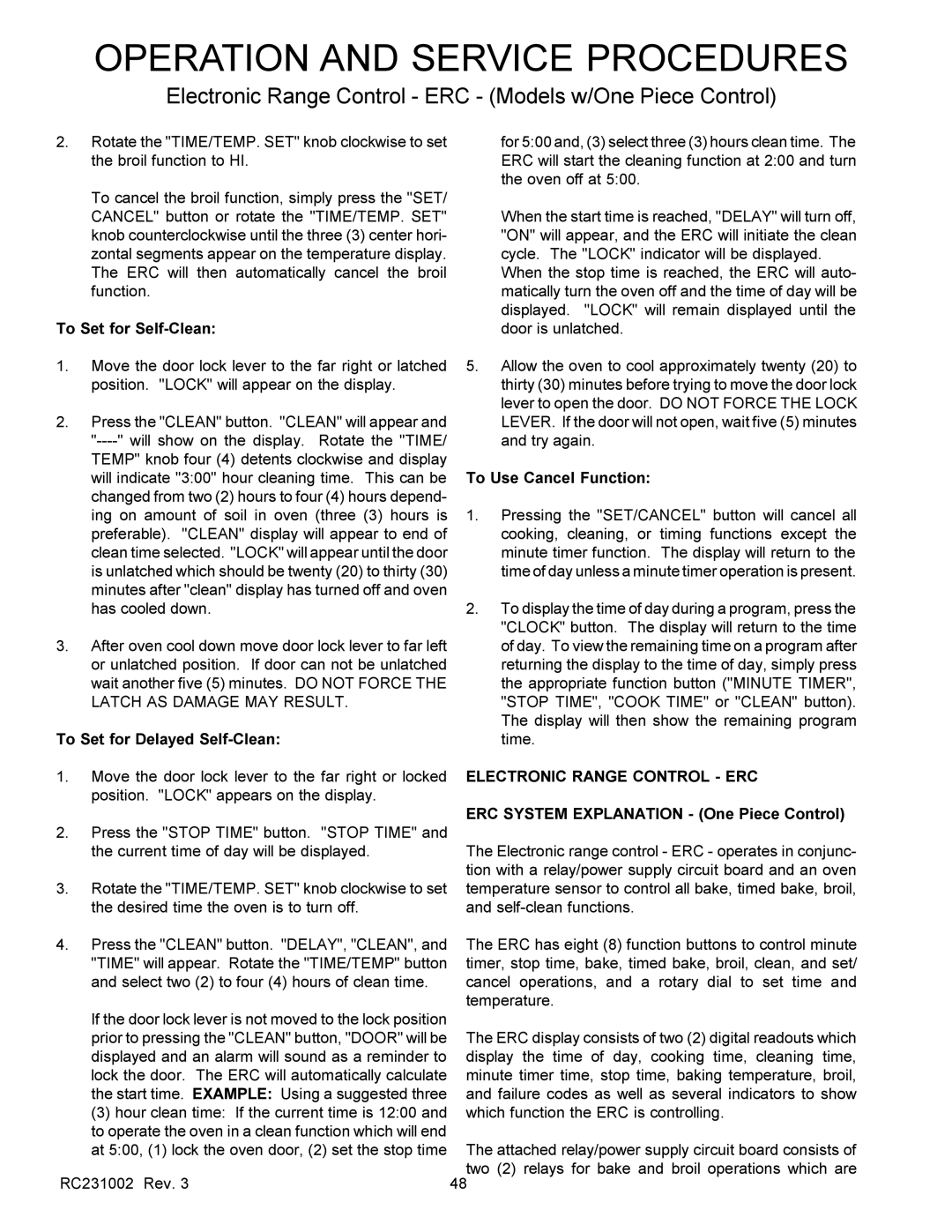 Amana RST, RSS service manual To Set for Self-Clean, ERC System Explanation One Piece Control 