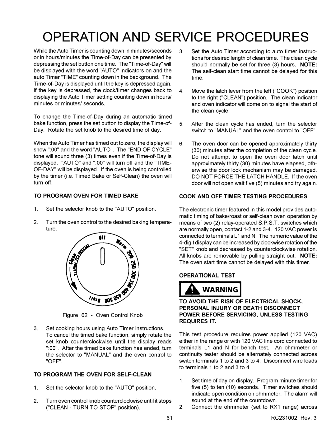 Amana RSS, RST To Program Oven for Timed Bake, To Program the Oven for SELF-CLEAN, Cook and OFF Timer Testing Procedures 