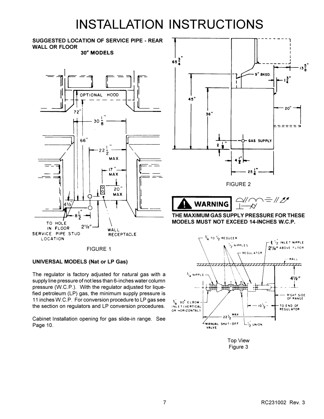 Amana RSS, RST service manual Suggested Location of Service Pipe Rear Wall or Floor, Universal Models Nat or LP Gas 