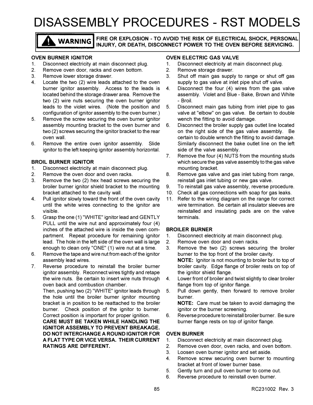 Amana RSS, RST service manual Broil Burner Ignitor, Broiler Burner, Oven Burner 