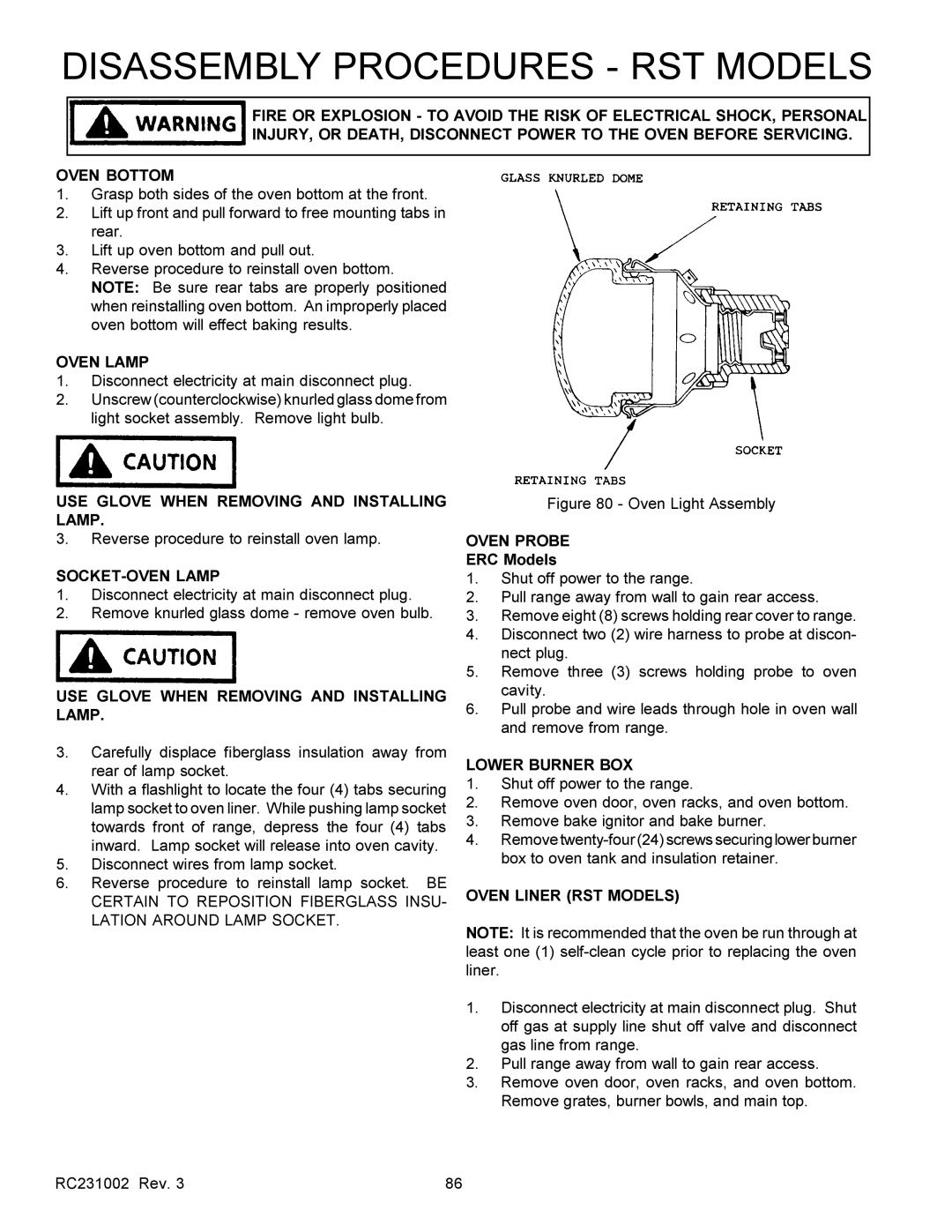 Amana RST, RSS Oven Lamp, SOCKET-OVEN Lamp, USE Glove When Removing and Installing Lamp, Oven Probe, Lower Burner BOX 