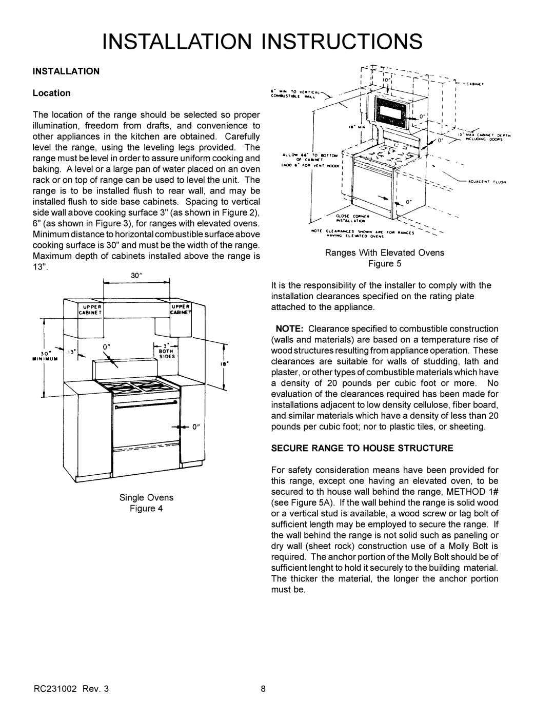 Amana RST, RSS service manual Installation, Location, Secure Range to House Structure 