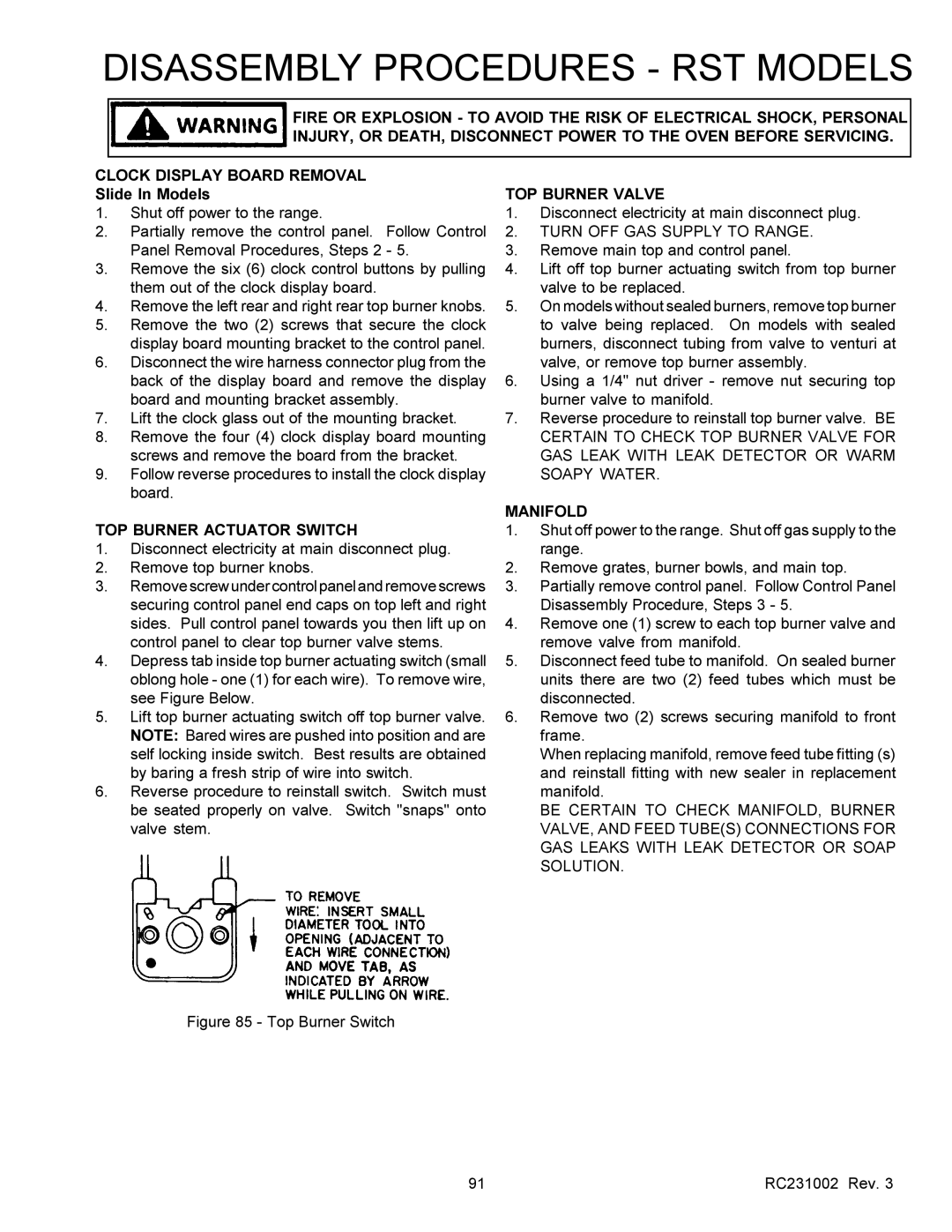 Amana RSS, RST service manual TOP Burner Actuator Switch, Manifold 