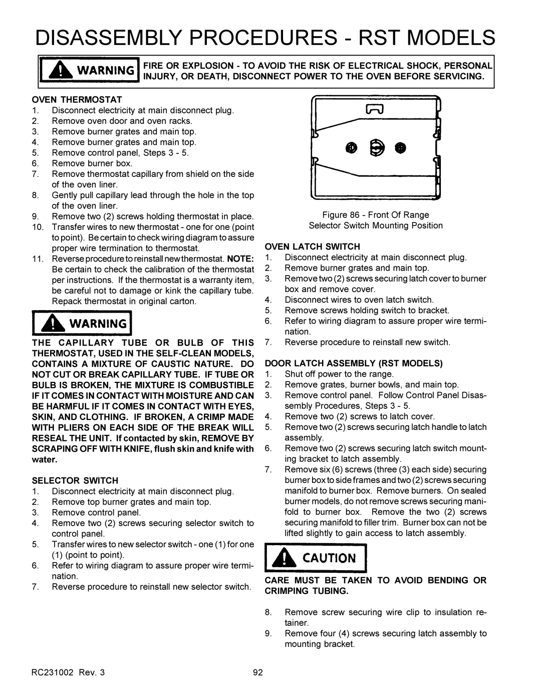 Amana RST Oven Latch Switch, Capillary Tube or Bulb of this, Bulb is BROKEN, the Mixture is Combustible, Crimping Tubing 