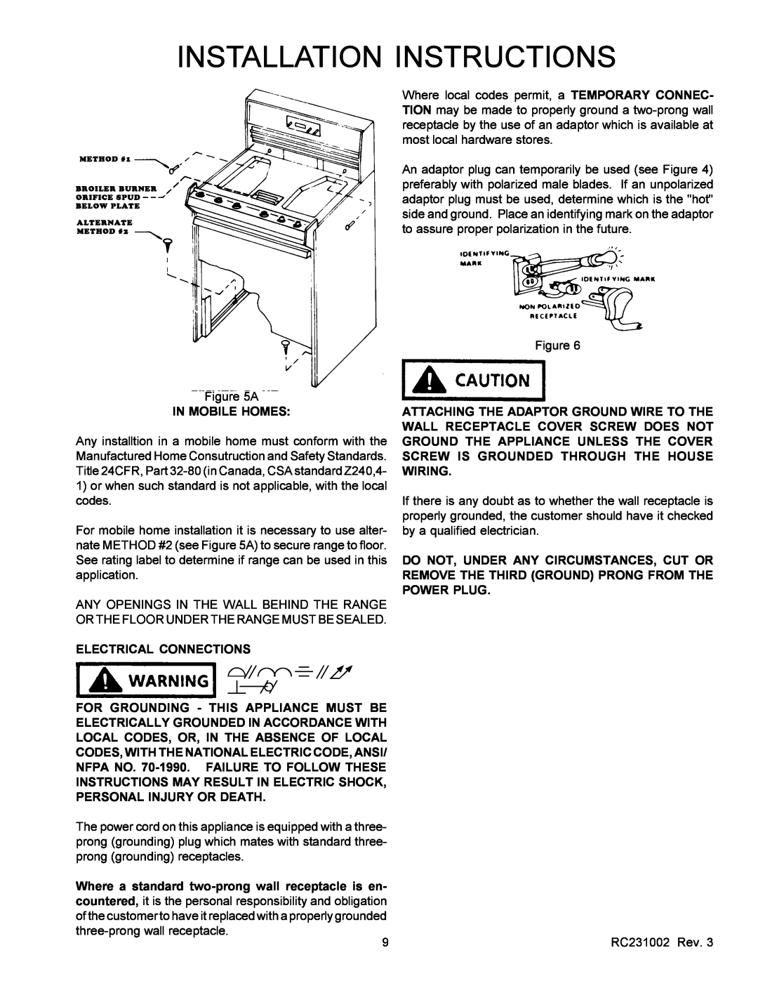 Amana RSS, RST In Mobile Homes, Electrical Connections, For Grounding - This Appliance Must Be, Installation Instructions 