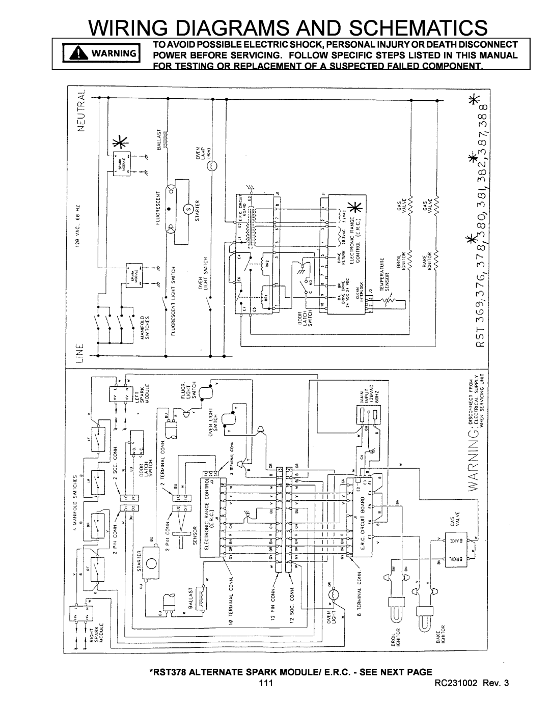 Amana RSS service manual RST378 ALTERNATE SPARK MODULE/ E.R.C. - SEE NEXT PAGE, Wiring Diagrams And Schematics 