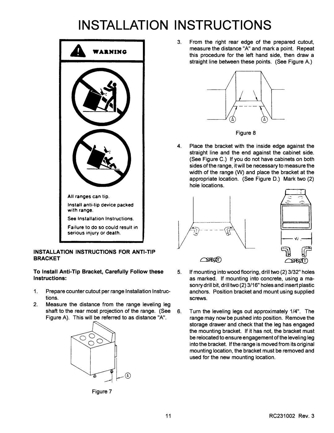 Amana RSS, RST service manual Installation Instructions For Anti-Tip, Bracket 