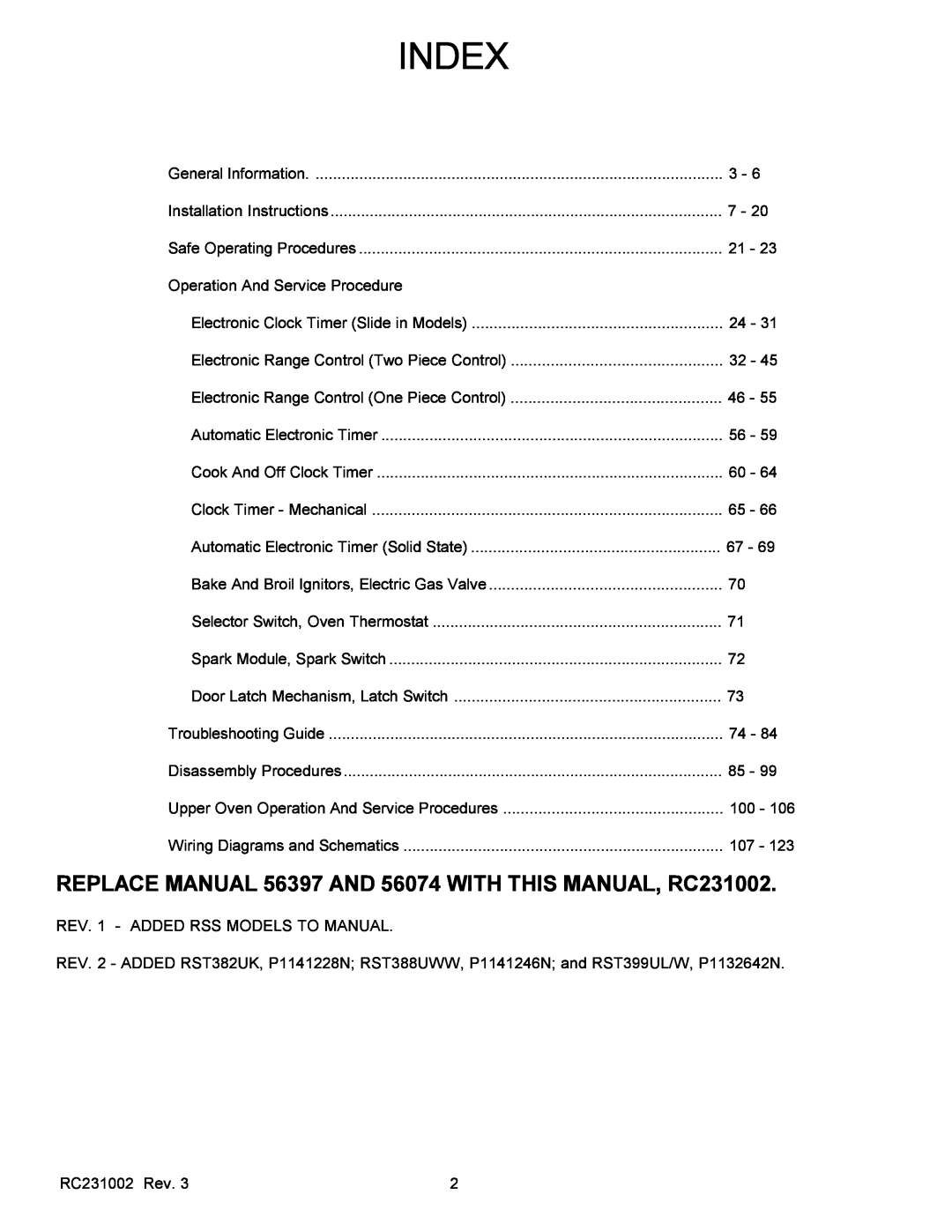 Amana RSS, RST service manual Index, REPLACE MANUAL 56397 AND 56074 WITH THIS MANUAL, RC231002 