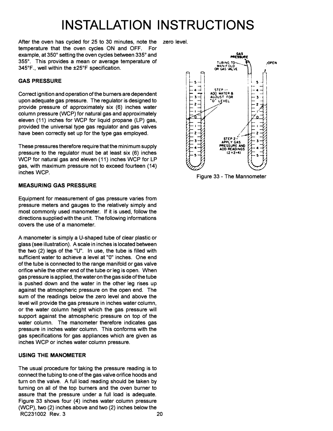 Amana RST, RSS service manual Measuring Gas Pressure, Using The Manometer, Installation Instructions 