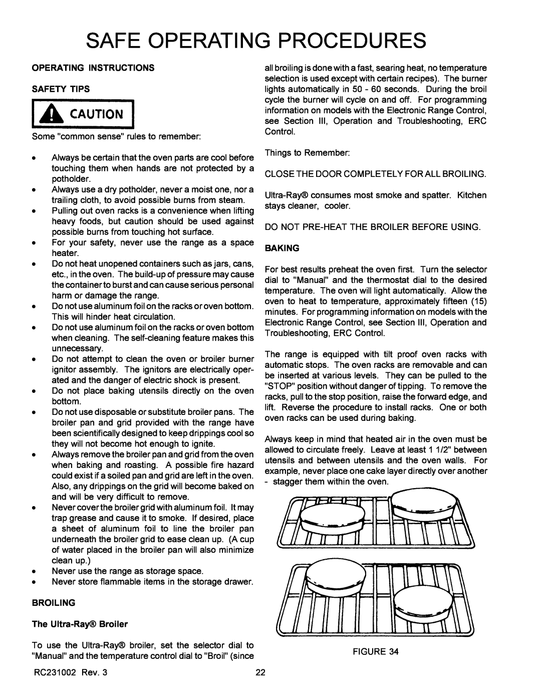 Amana RST, RSS Operating Instructions Safety Tips, BROILING The Ultra-Ray Broiler, Baking, Safe Operating Procedures 