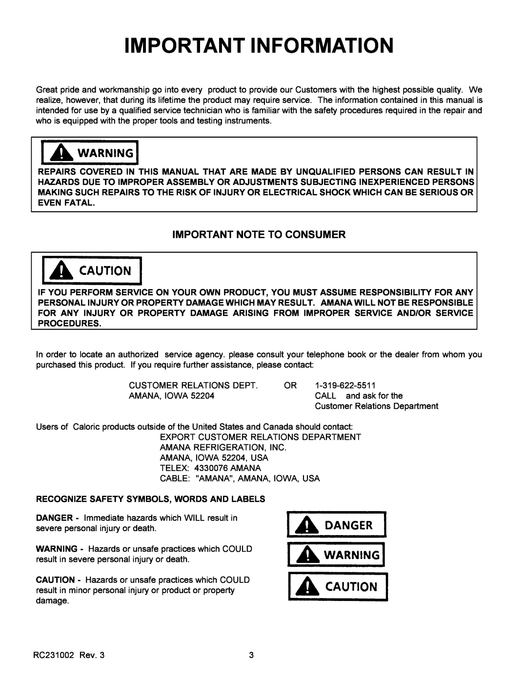 Amana RSS, RST service manual Important Note To Consumer, Recognize Safety Symbols, Words And Labels, Important Information 