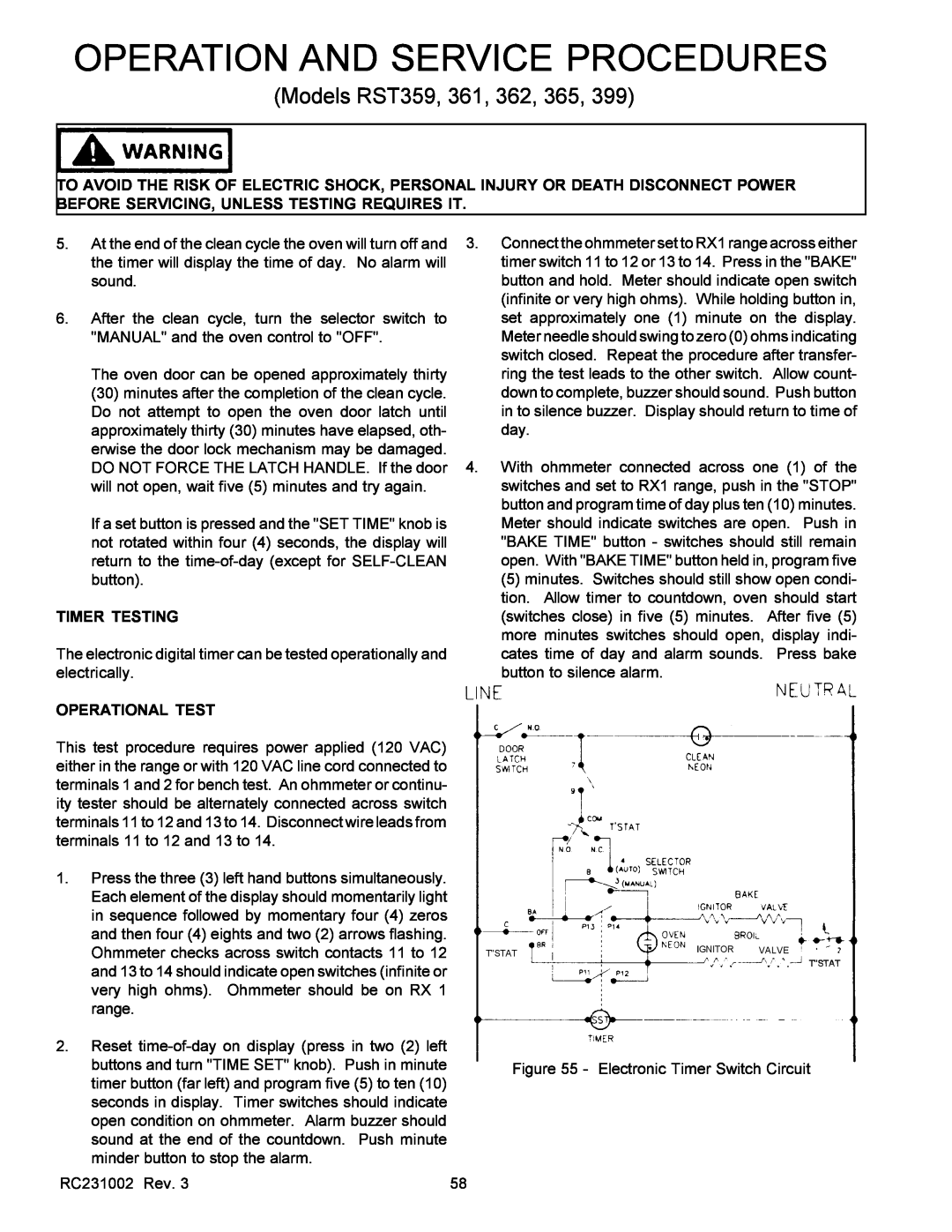 Amana RSS service manual Timer Testing, Operational Test, Operation And Service Procedures, Models RST359, 361, 362, 365 
