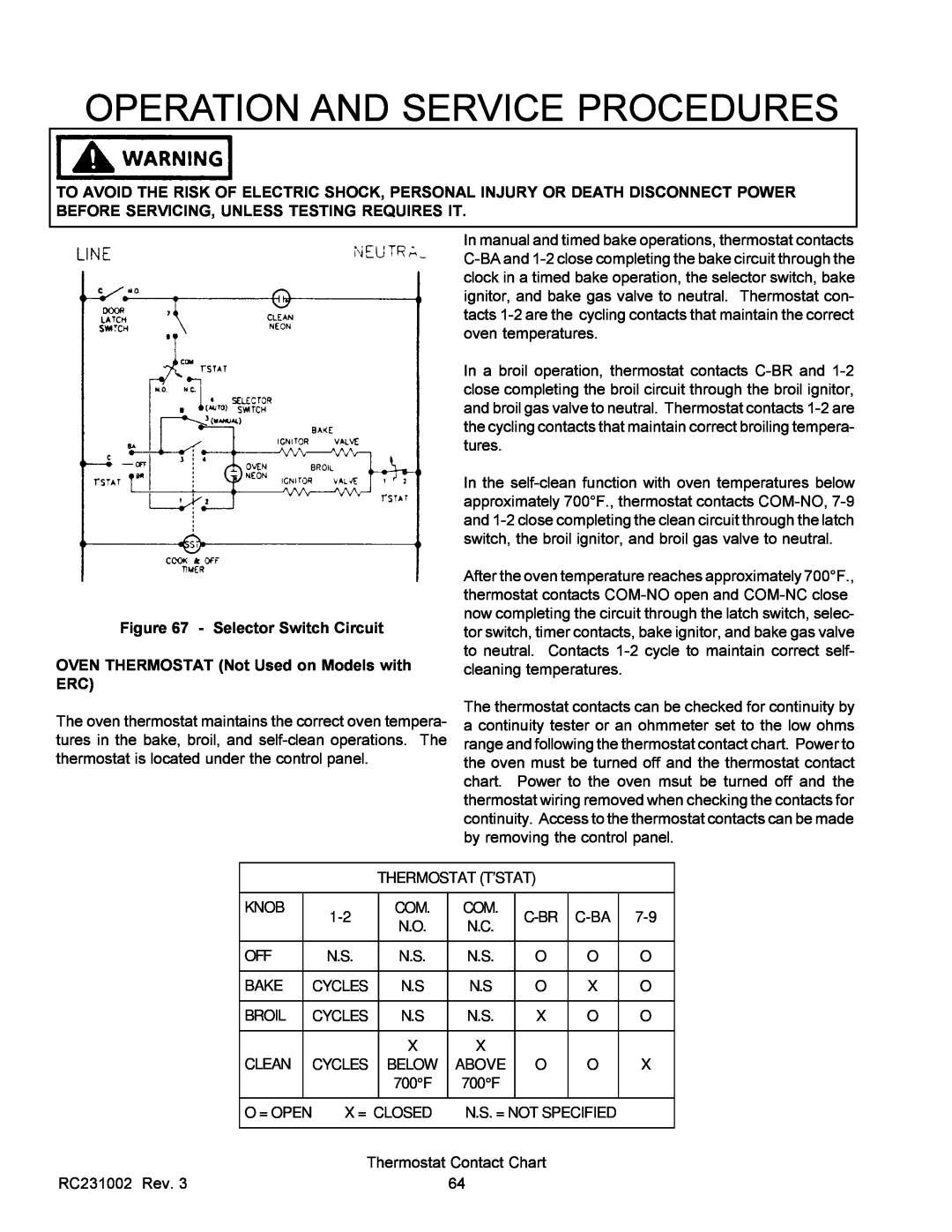 Amana RST, RSS Selector Switch Circuit, OVEN THERMOSTAT Not Used on Models with ERC, Operation And Service Procedures 