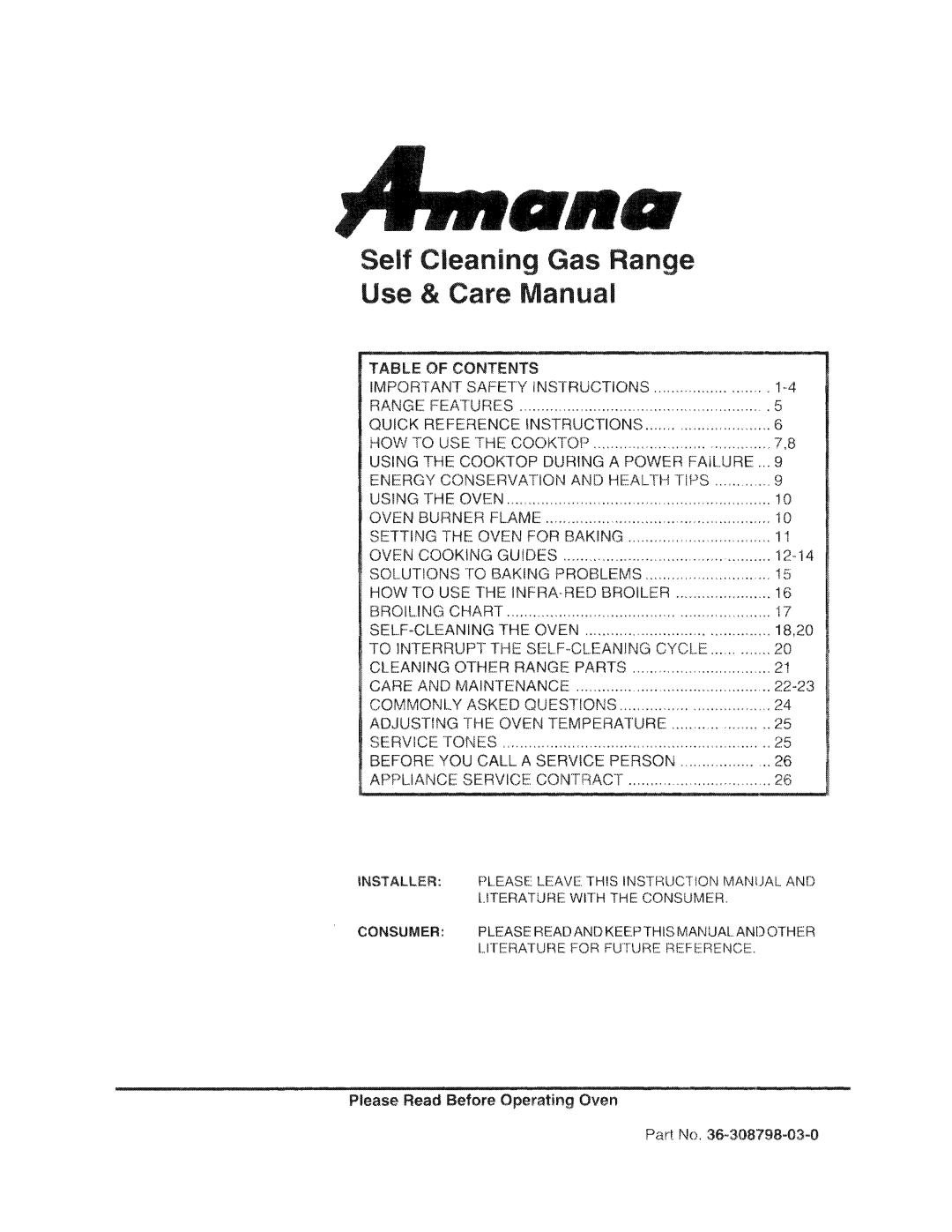 Amana 36-308798-03-0, Self Cleaning Gas Range manual 