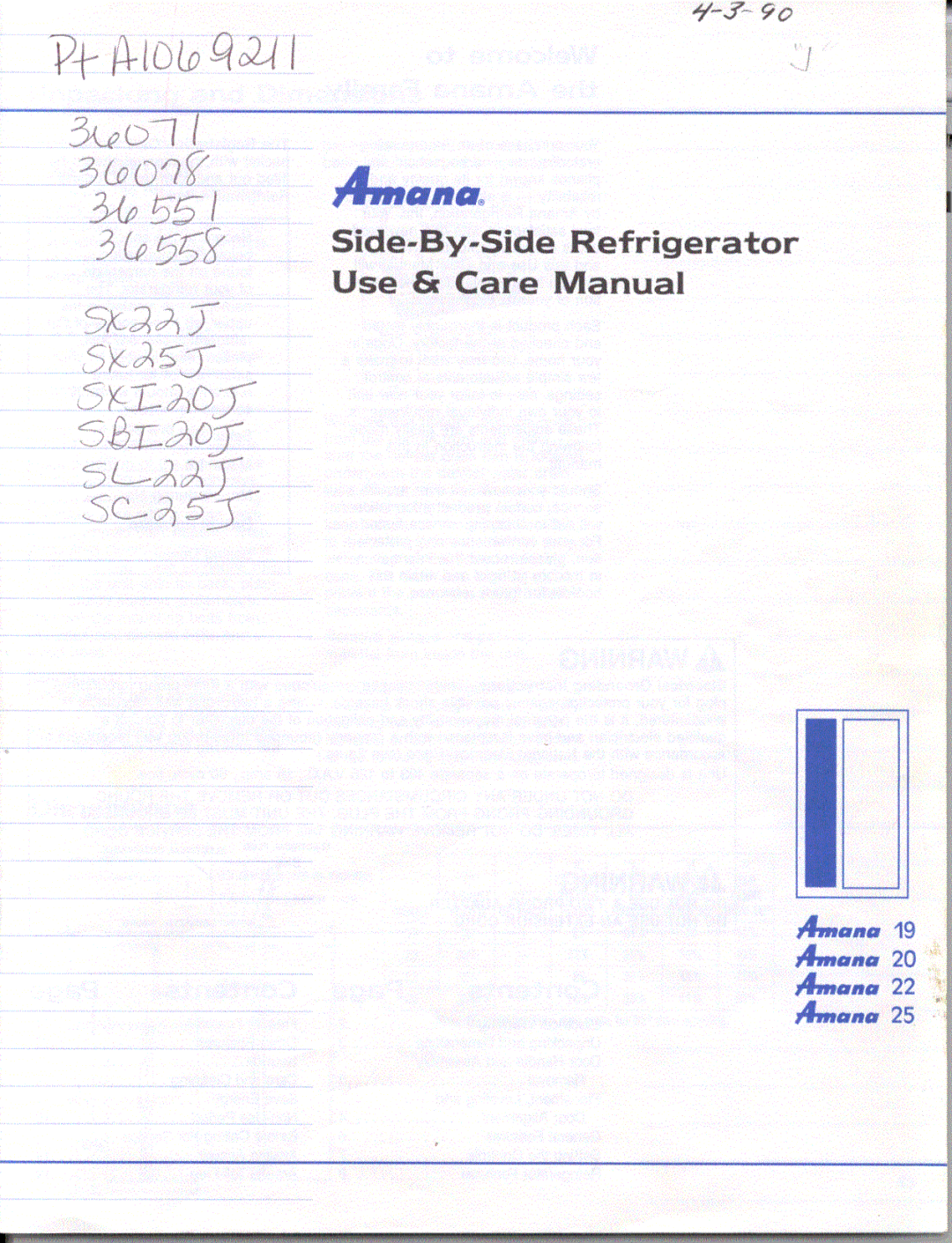 Amana Amana 19, Amana 20, Amana 22, Amana 25, Side-By-Side Refridgerator manual 