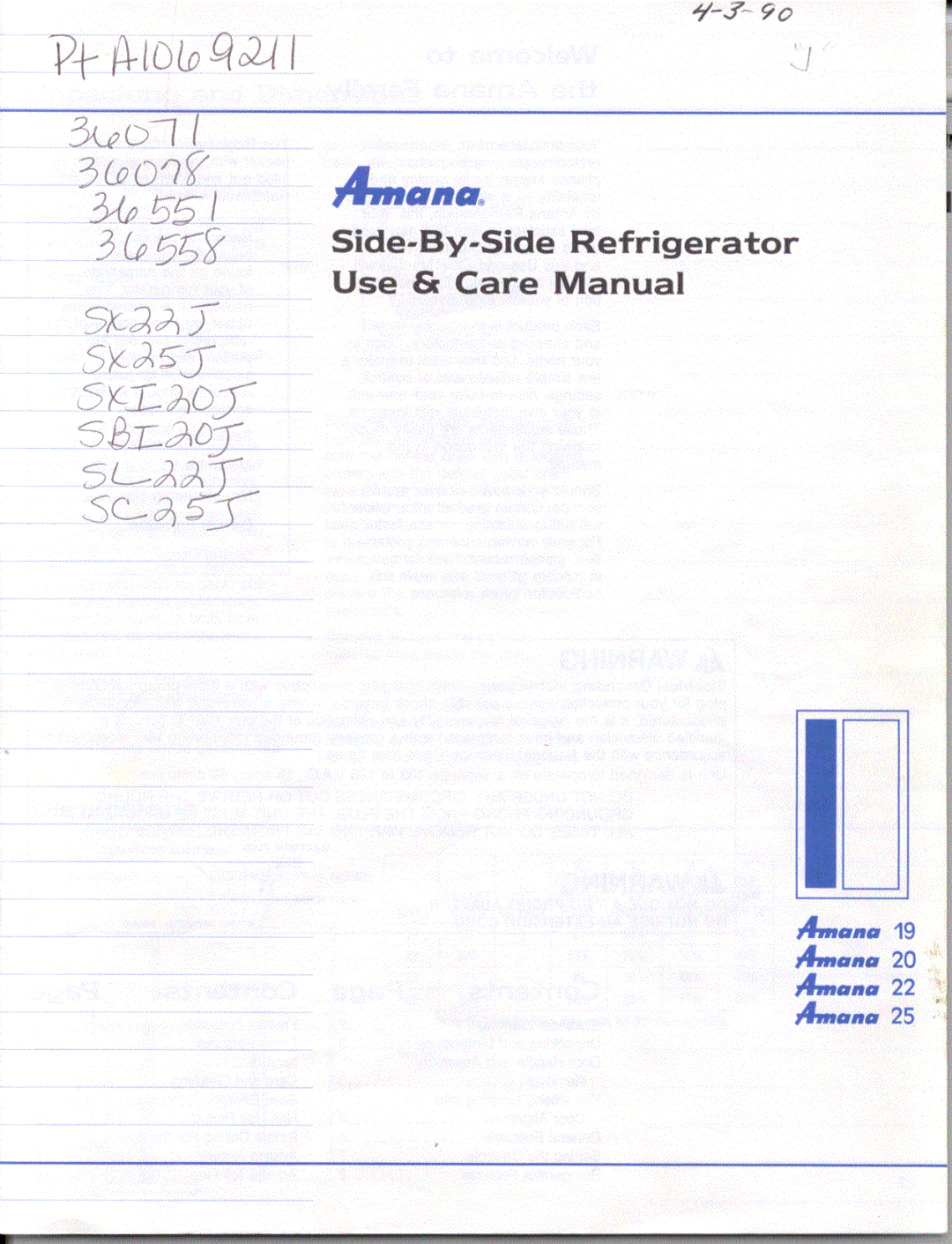 Amana Amana 19, Amana 20, Amana 22, Amana 25, Side-By-Side Refridgerator manual 
