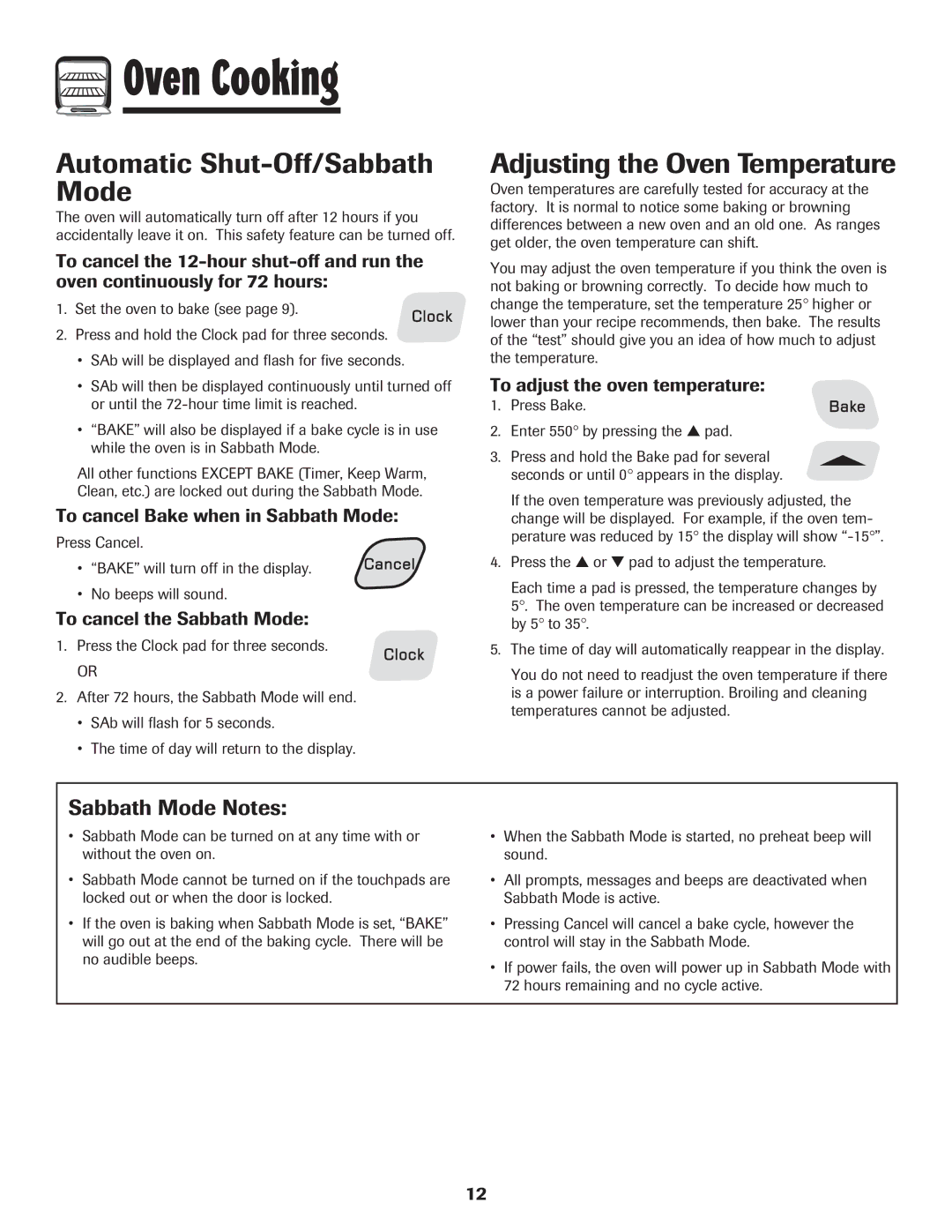 Amana Smoothtop Automatic Shut-Off/Sabbath Mode, Adjusting the Oven Temperature, Sabbath Mode Notes 