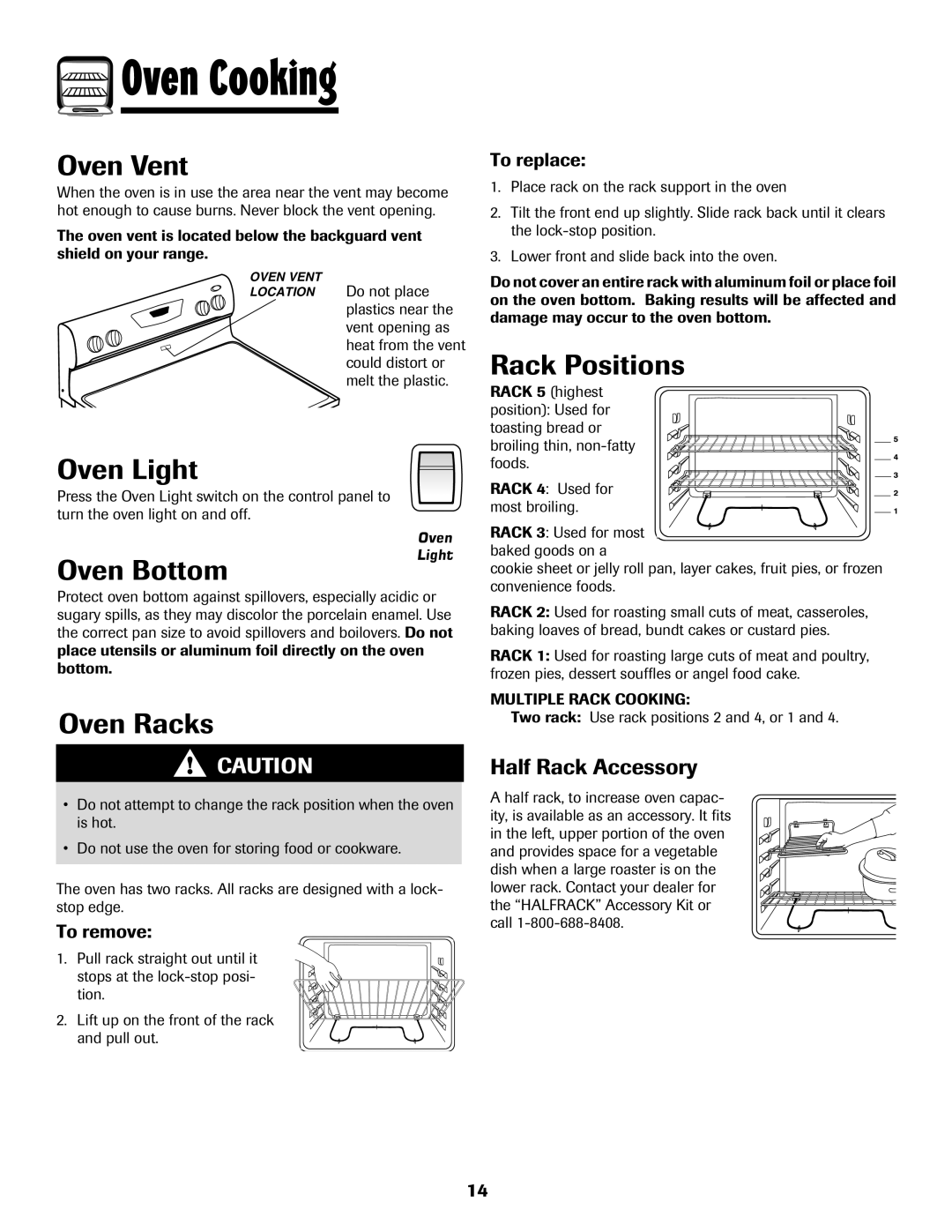 Amana Smoothtop important safety instructions Oven Vent, Oven Light, Oven Bottom, Oven Racks, Rack Positions 