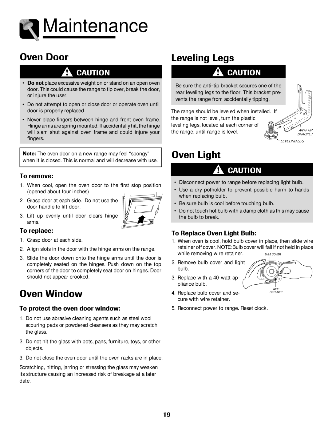 Amana Smoothtop important safety instructions Maintenance, Oven Door, Leveling Legs, Oven Window 