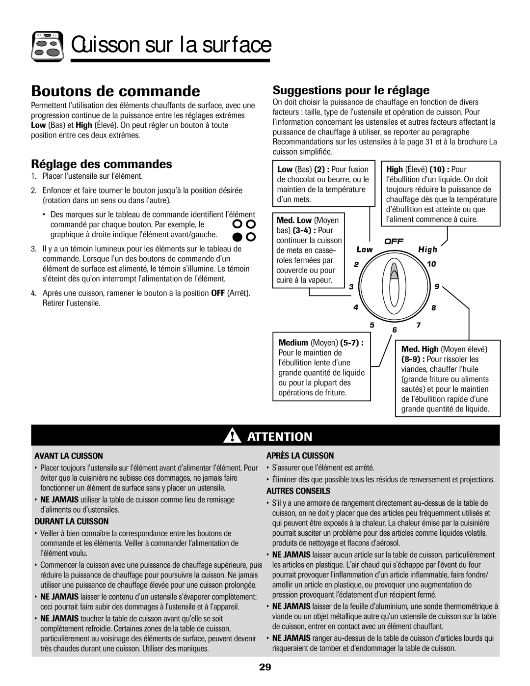 Amana Smoothtop Cuisson sur la surface, Boutons de commande, Suggestions pour le réglage, Réglage des commandes 