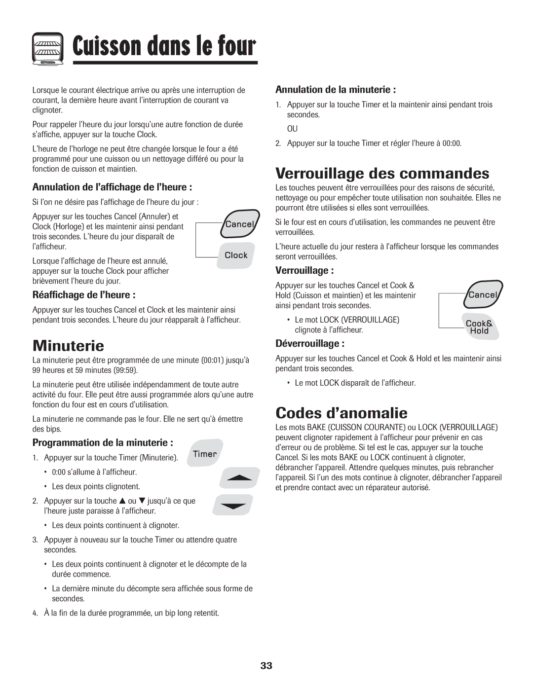 Amana Smoothtop important safety instructions Minuterie, Verrouillage des commandes, Codes d’anomalie 