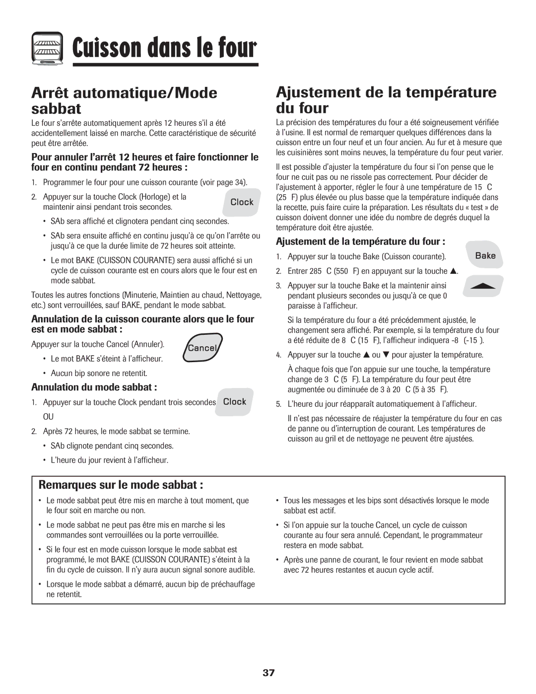 Amana Smoothtop Arrêt automatique/Mode sabbat, Ajustement de la température du four, Remarques sur le mode sabbat 